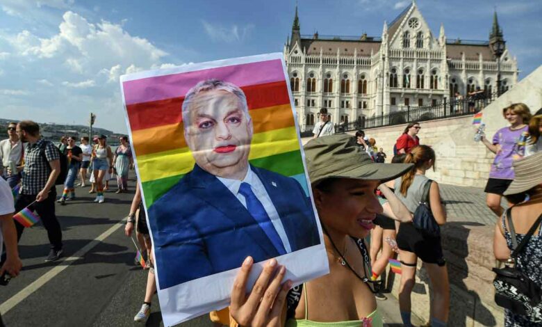 Ein Teilnehmer des Pride-Marsch in Budapest hält ein bearbeitetes Porträt von Ungarns rechtskonservativem Ministerpräsidenten Viktor Orban hoch. (Foto Ferencz Isza/AFP)