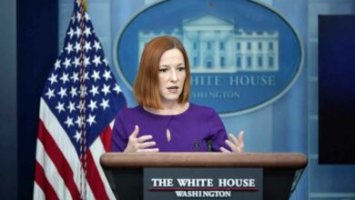 White House Press Secretary Jen Psaki talks to reporters in the Brady Press Briefing Room at the White House on February 23, 2022 in Washington, DC. Psaki briefed reporters about the White House's economic sanctions on Russia after its military moved into break-away regions of eastern Ukraine. Drew Angerer/Getty Images/AFP (Photo by Drew Angerer / GETTY IMAGES NORTH AMERICA / Getty Images via AFP)